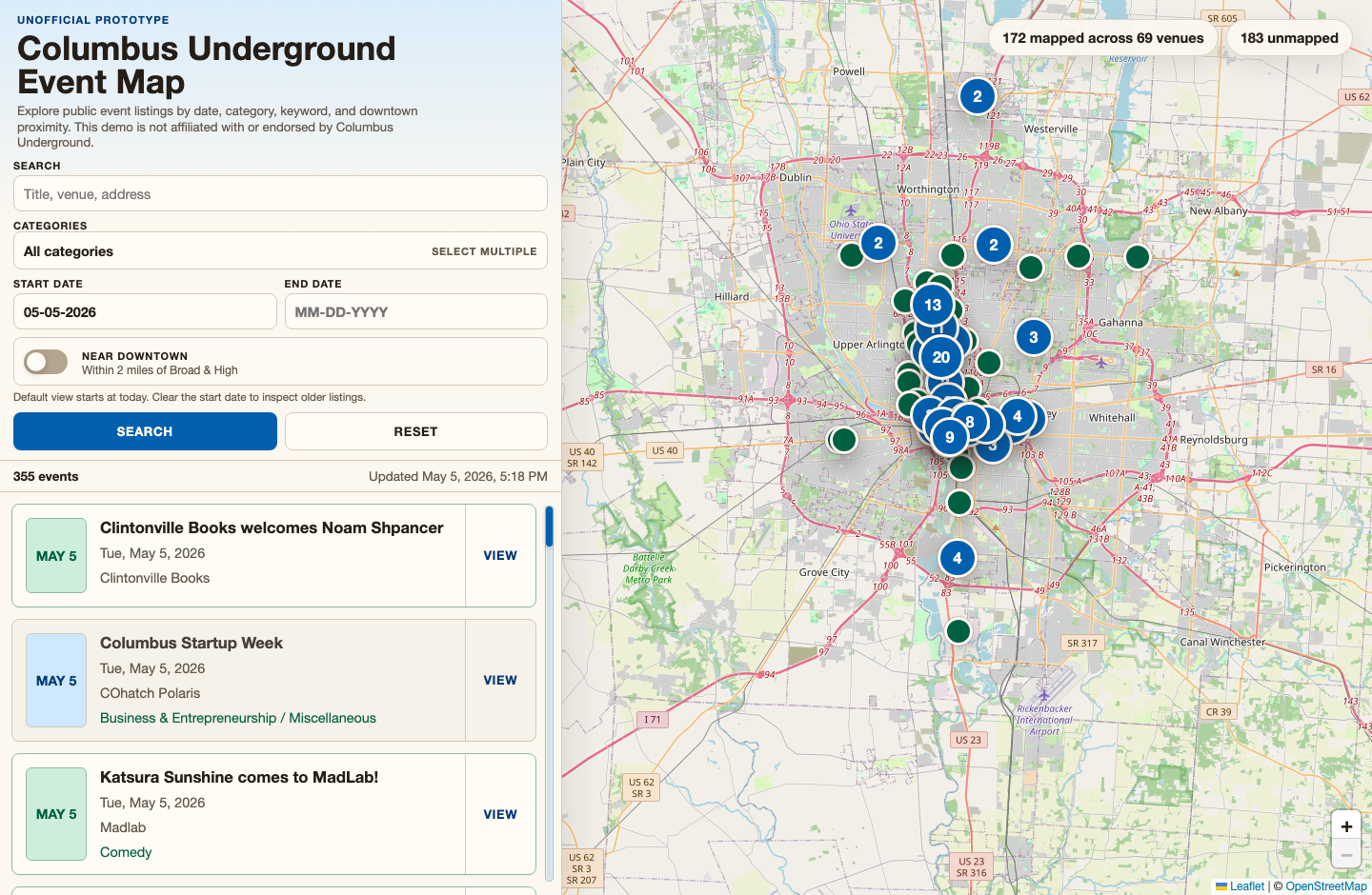 Screenshot of the Columbus Underground event map prototype